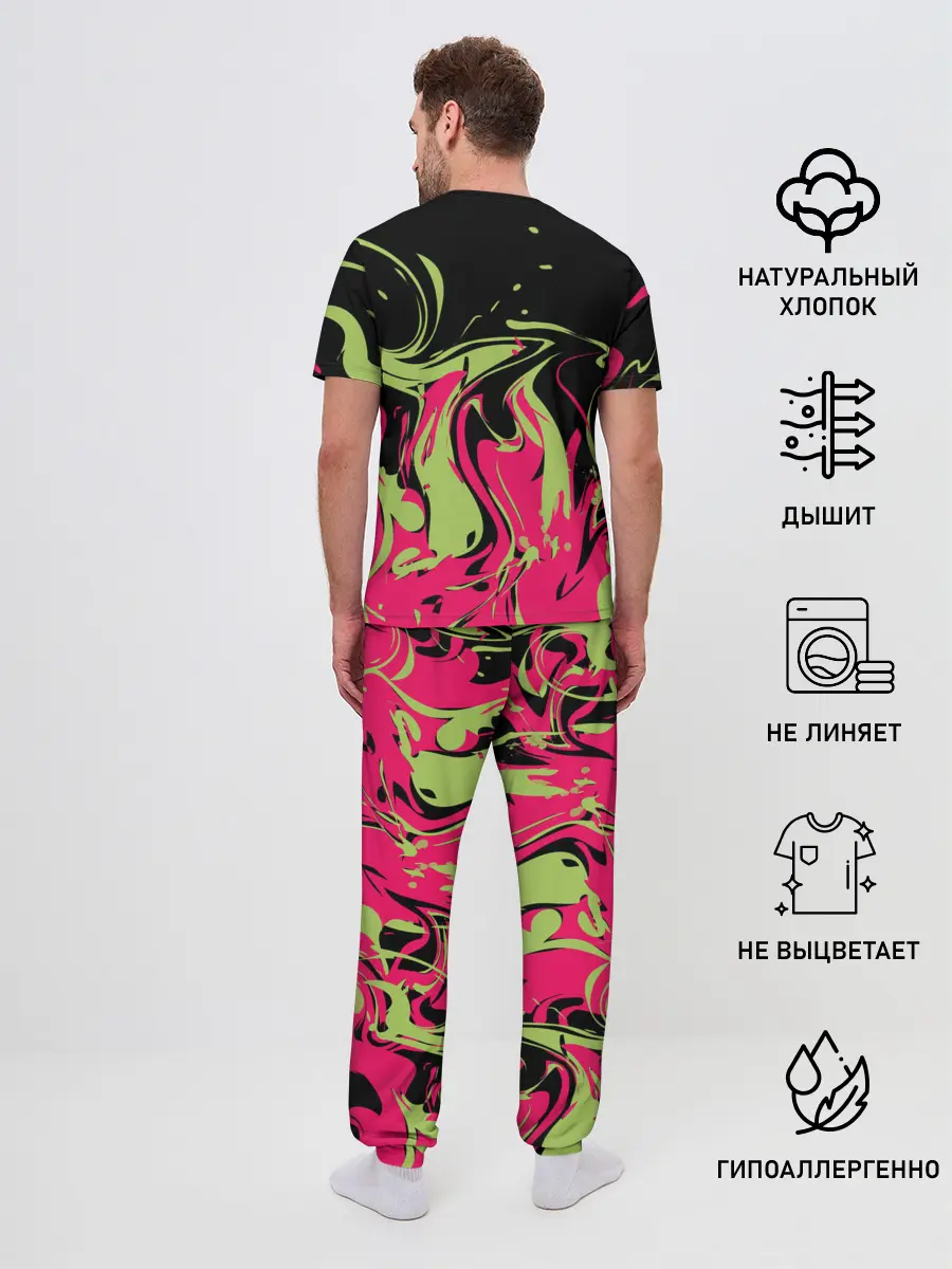 Мужская пижама с брюками / Черно малиновый абстрактный