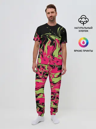 Мужская пижама с брюками / Черно малиновый абстрактный
