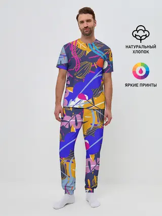 Мужская пижама с брюками / листья цветы текстура паттэрн