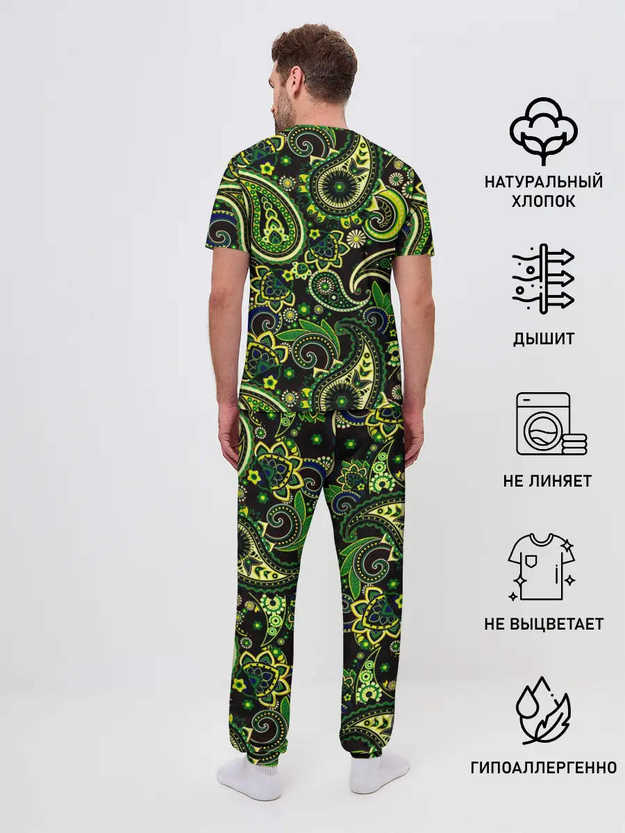 Мужская пижама с брюками / Ярко зеленые славянские узоры