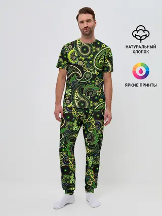 Мужская пижама с брюками / Ярко зеленые славянские узоры