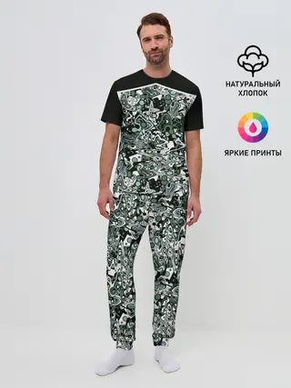 Мужская пижама с брюками / Черно-зеленые каракули