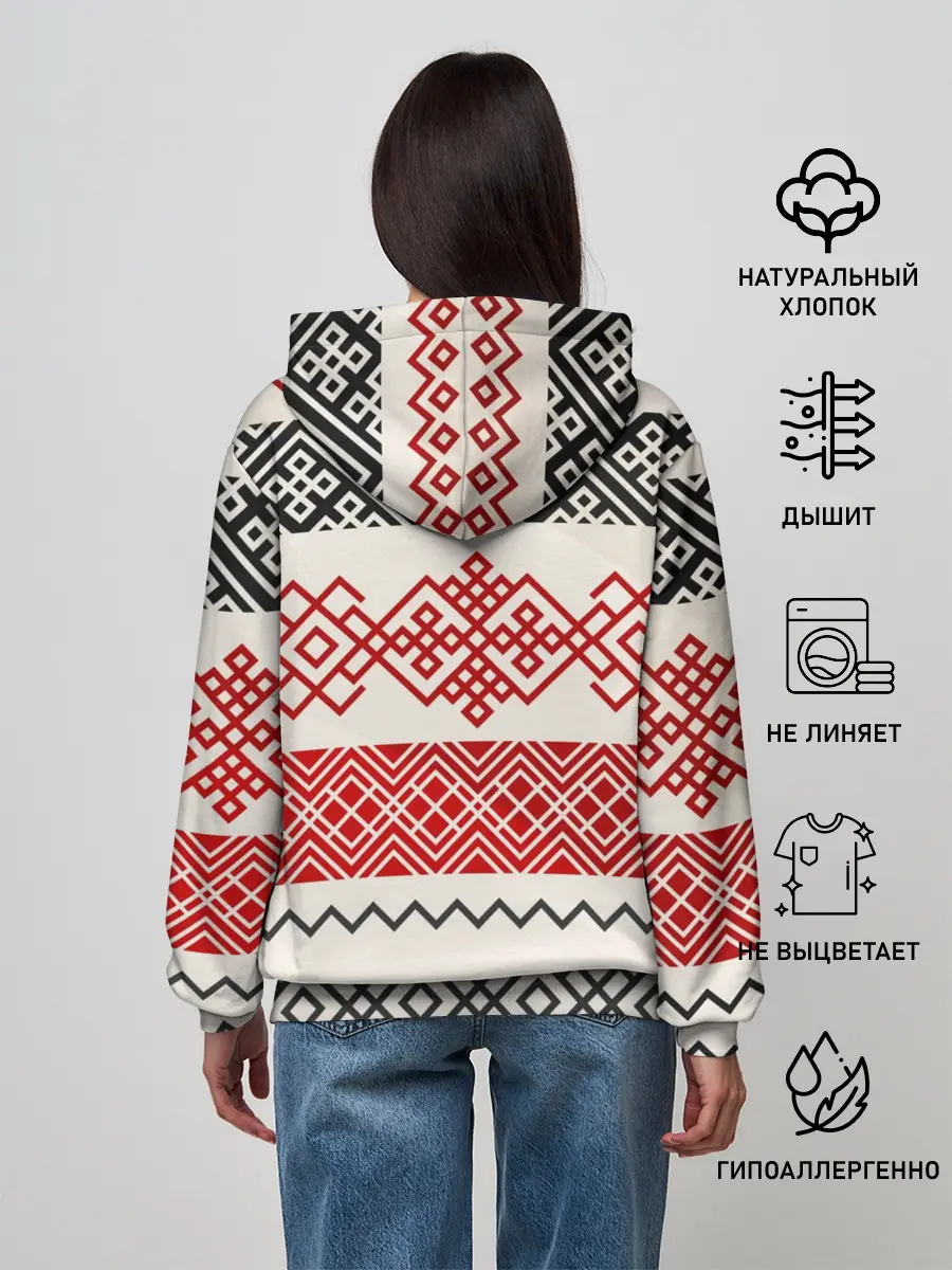 Женское худи / Славянский узор красно-черный