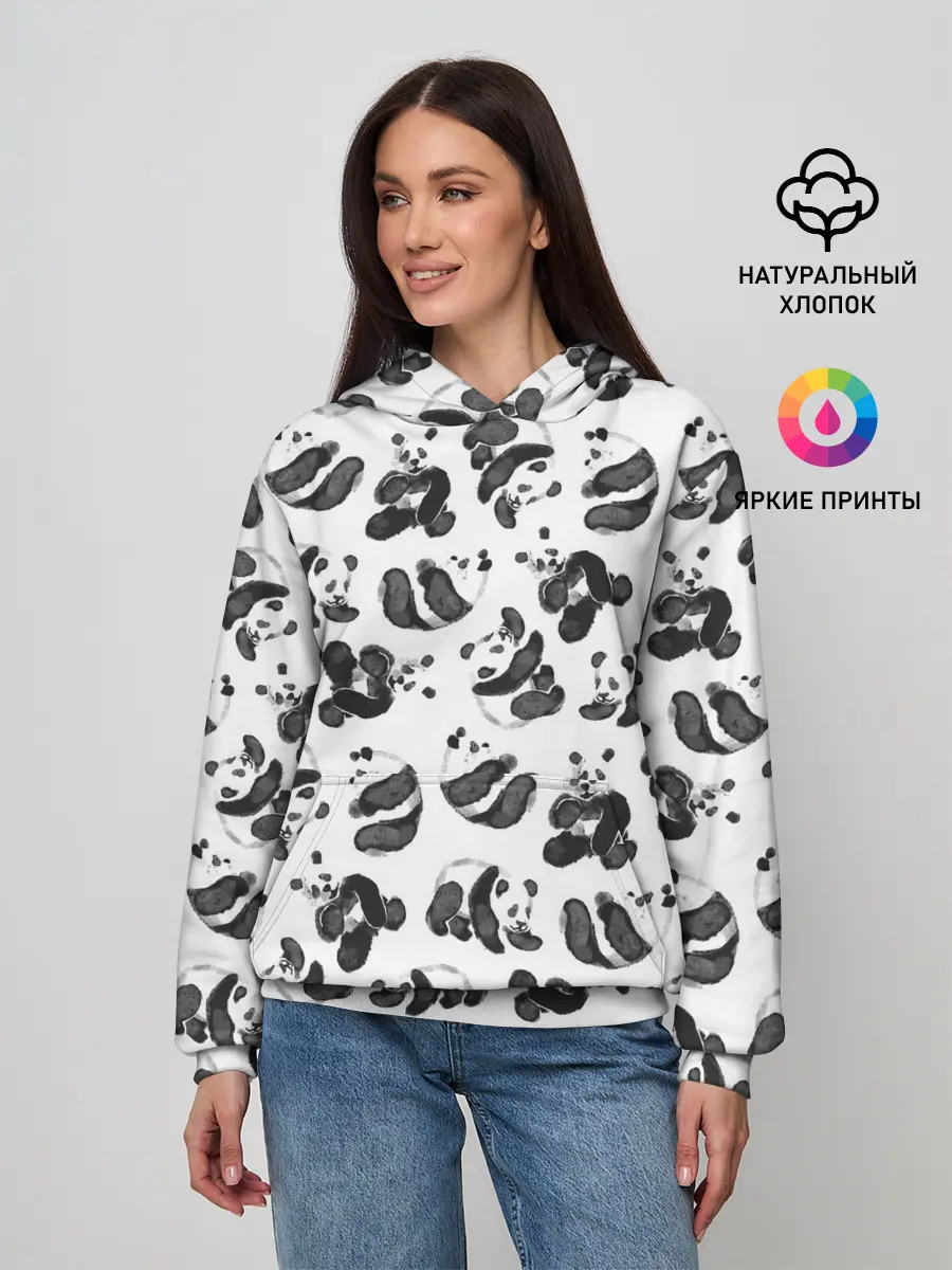 Женское худи / Акварельные панды паттерн