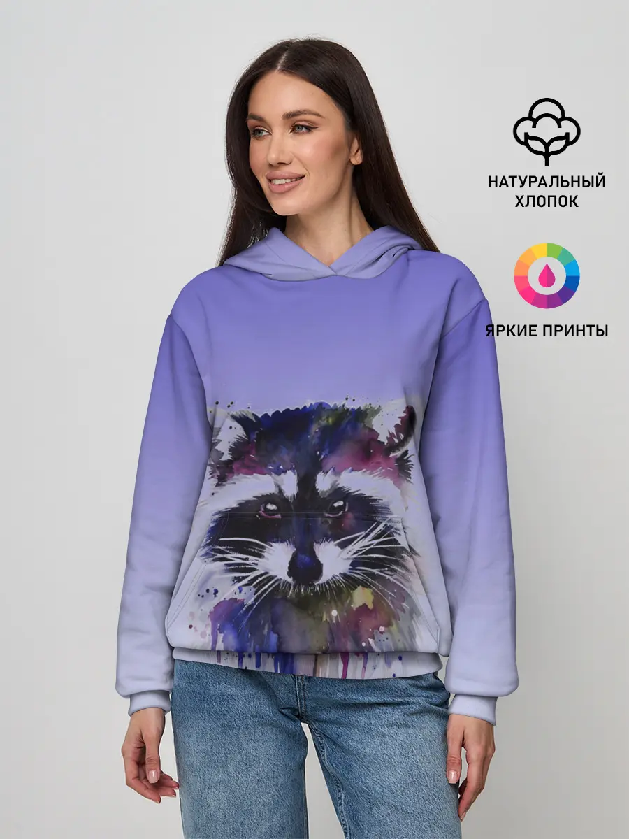 Женское худи / енот акварелью потеки