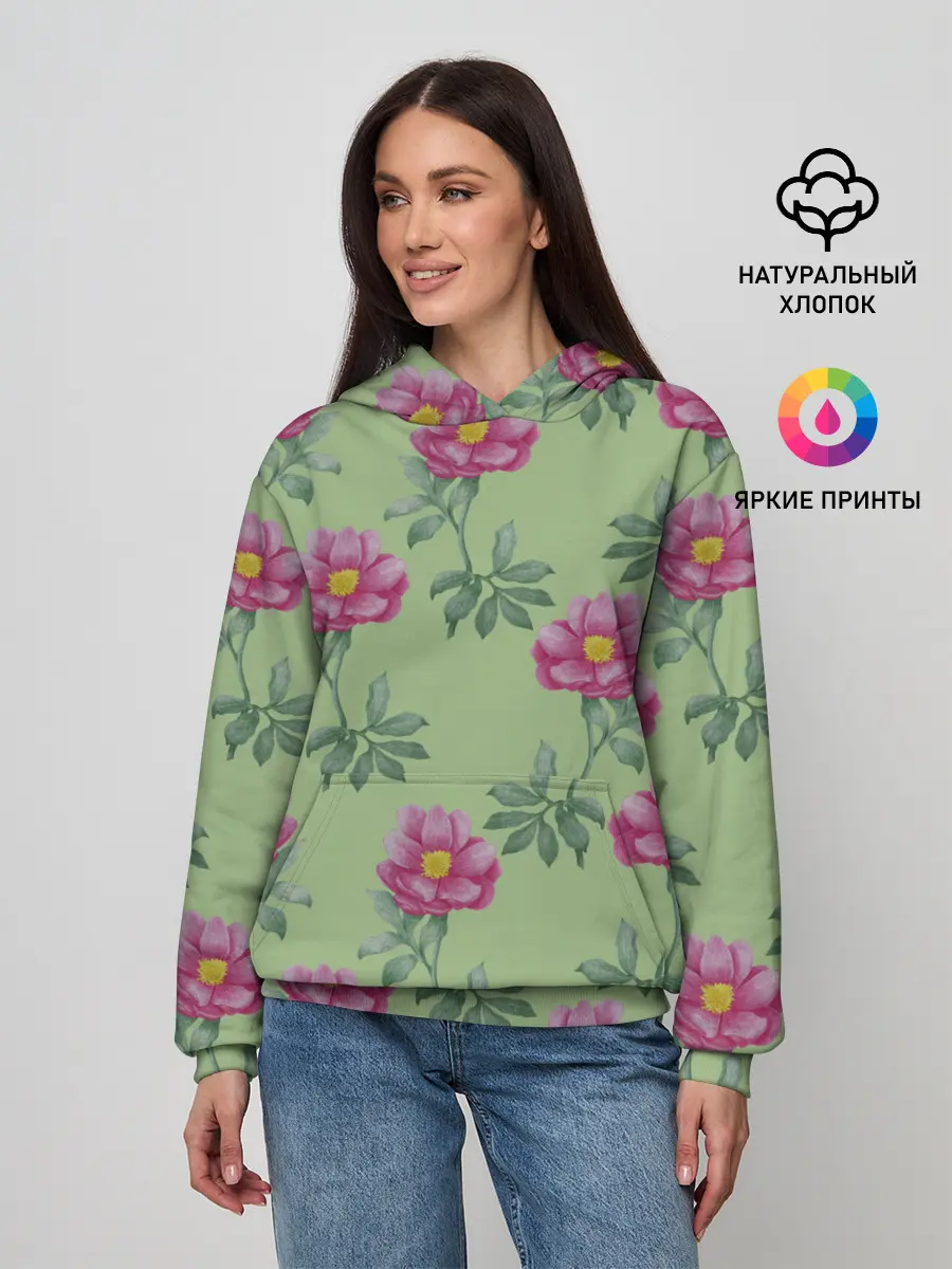 Женское худи / Пионы на светло зеленом фоне