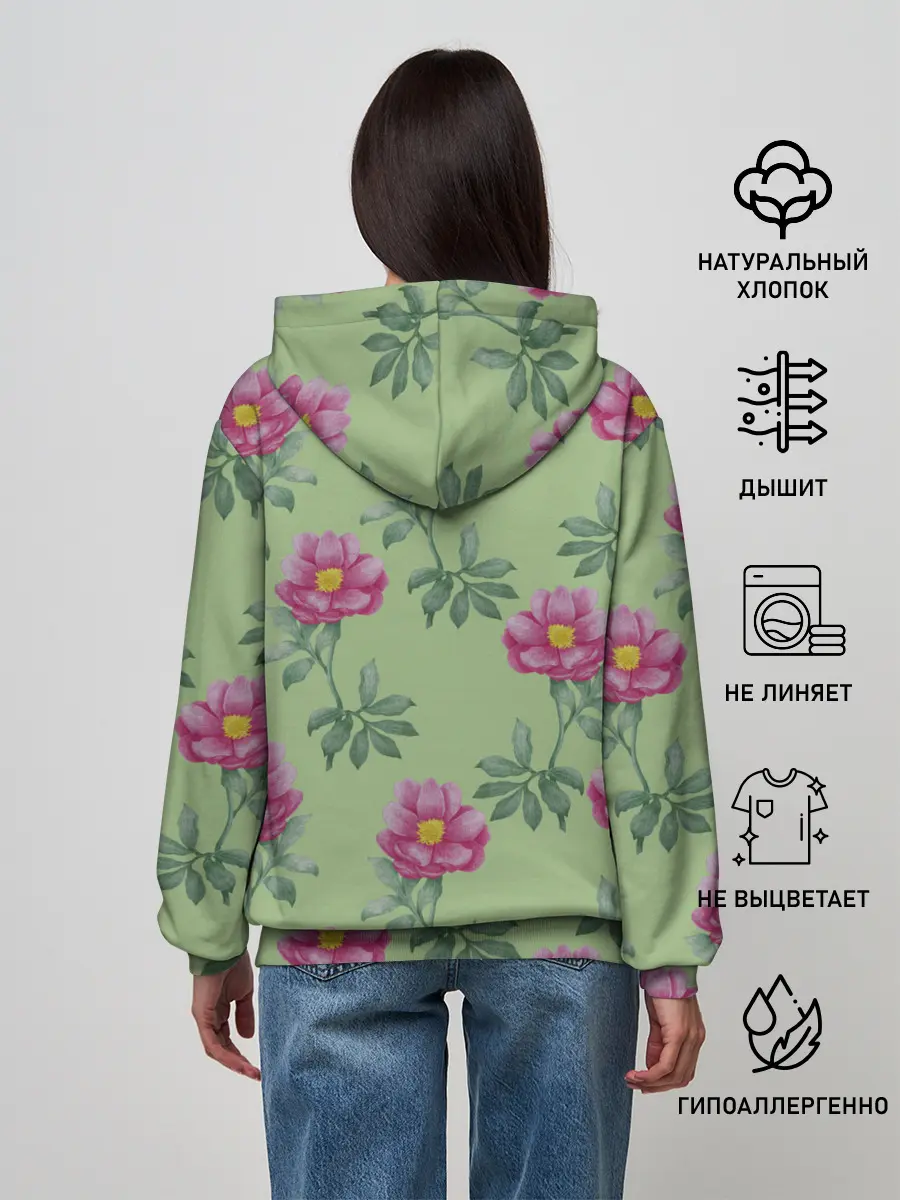 Женское худи / Пионы на светло зеленом фоне