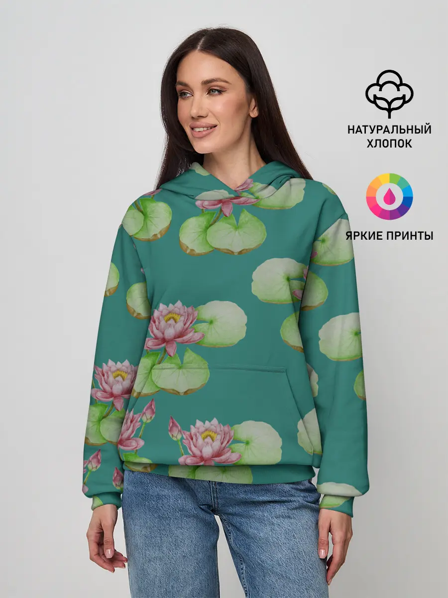Женское худи / Лотосы на темно бирюзовом фоне