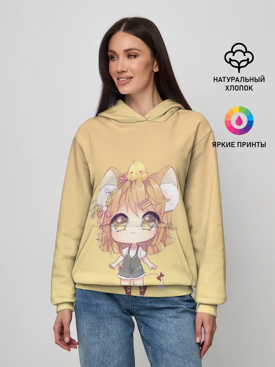 Женское худи / малышка чиби и цыпленок