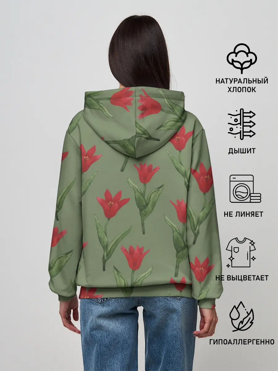 Женское худи / Красные тюльпаны на зеленом