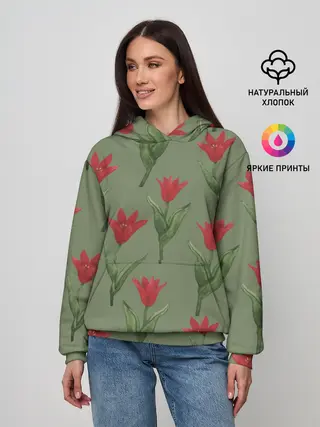 Женское худи / Красные тюльпаны на зеленом