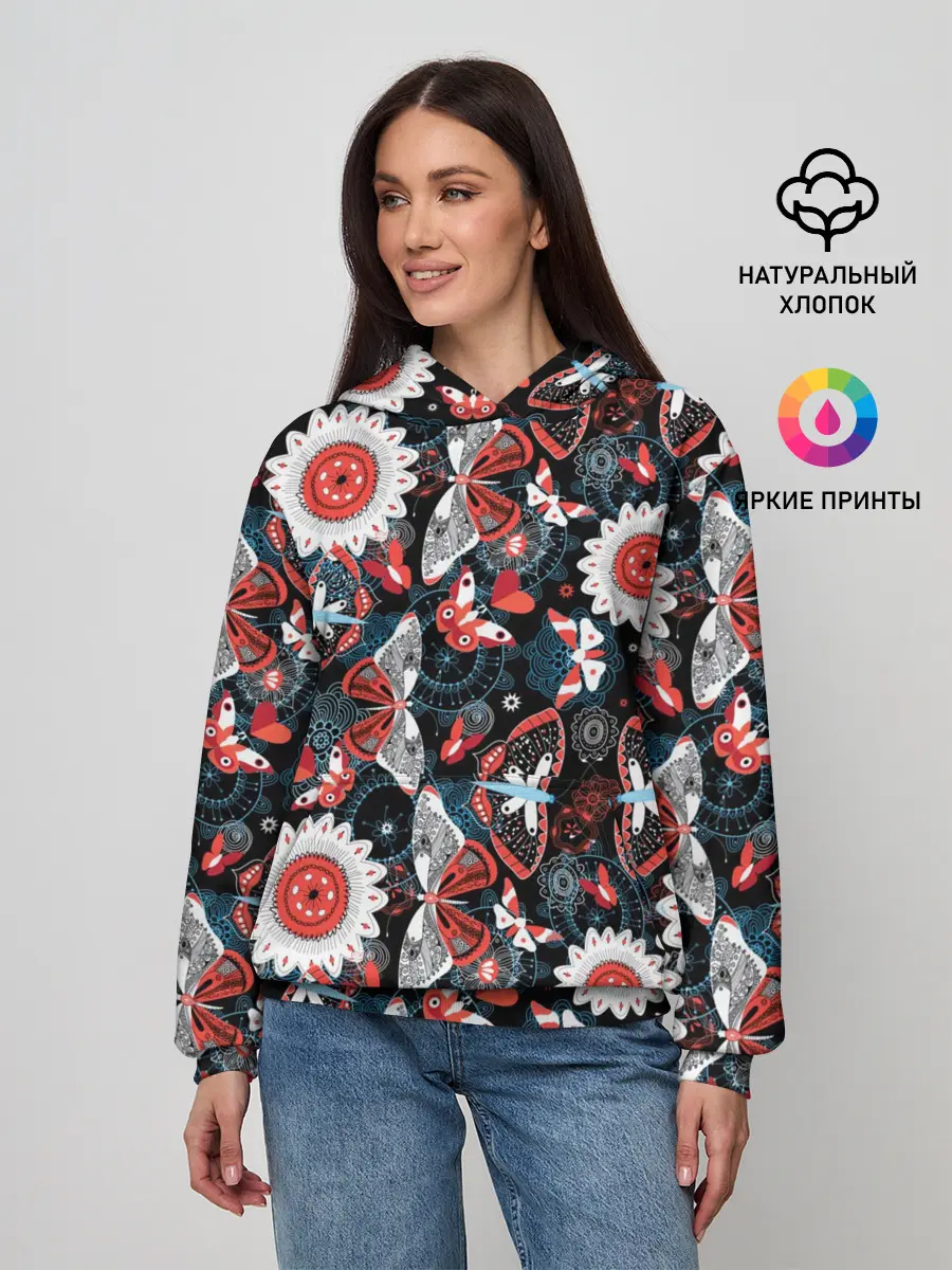 Женское худи / Паттерн из Бабочек с Цветами