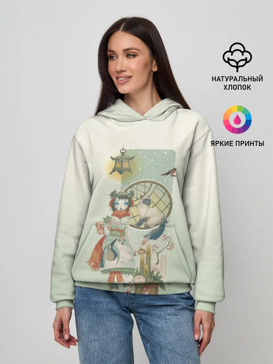 Женское худи / девушка кимоно зима Япония кот