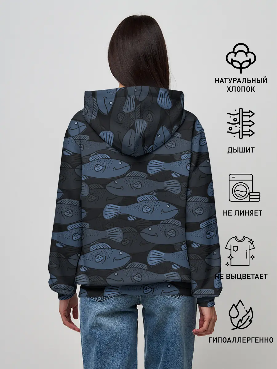Женское худи / Синие рыбы на темном фоне