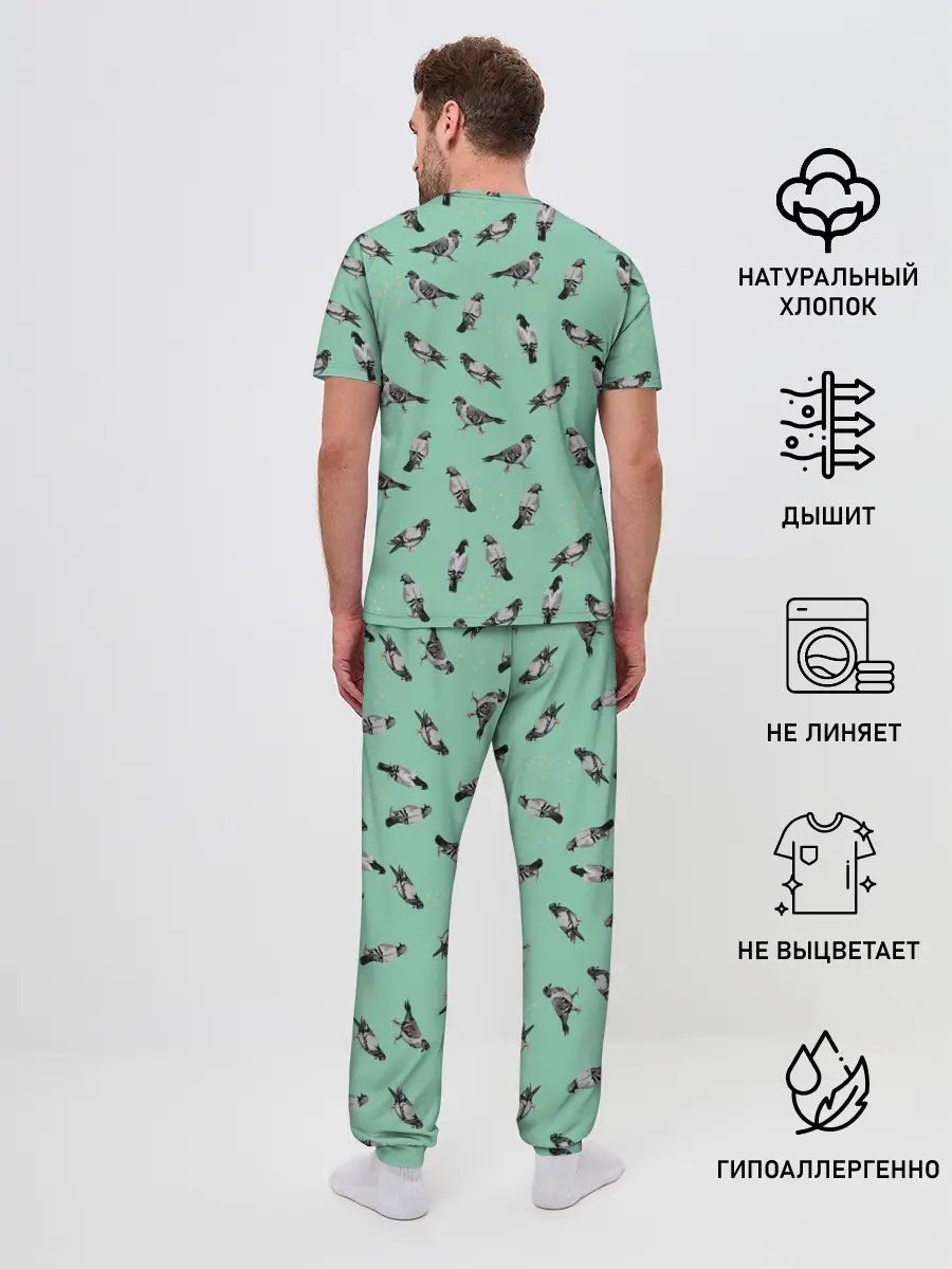Мужская пижама с брюками / Голуби на зеленом