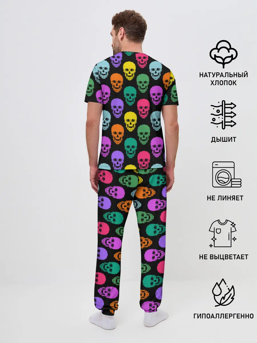 Мужская пижама с брюками / Разноцветные черепа . Готика