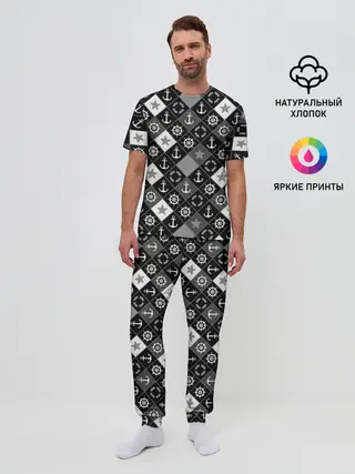 Мужская пижама с брюками / Черно-белый морской плед