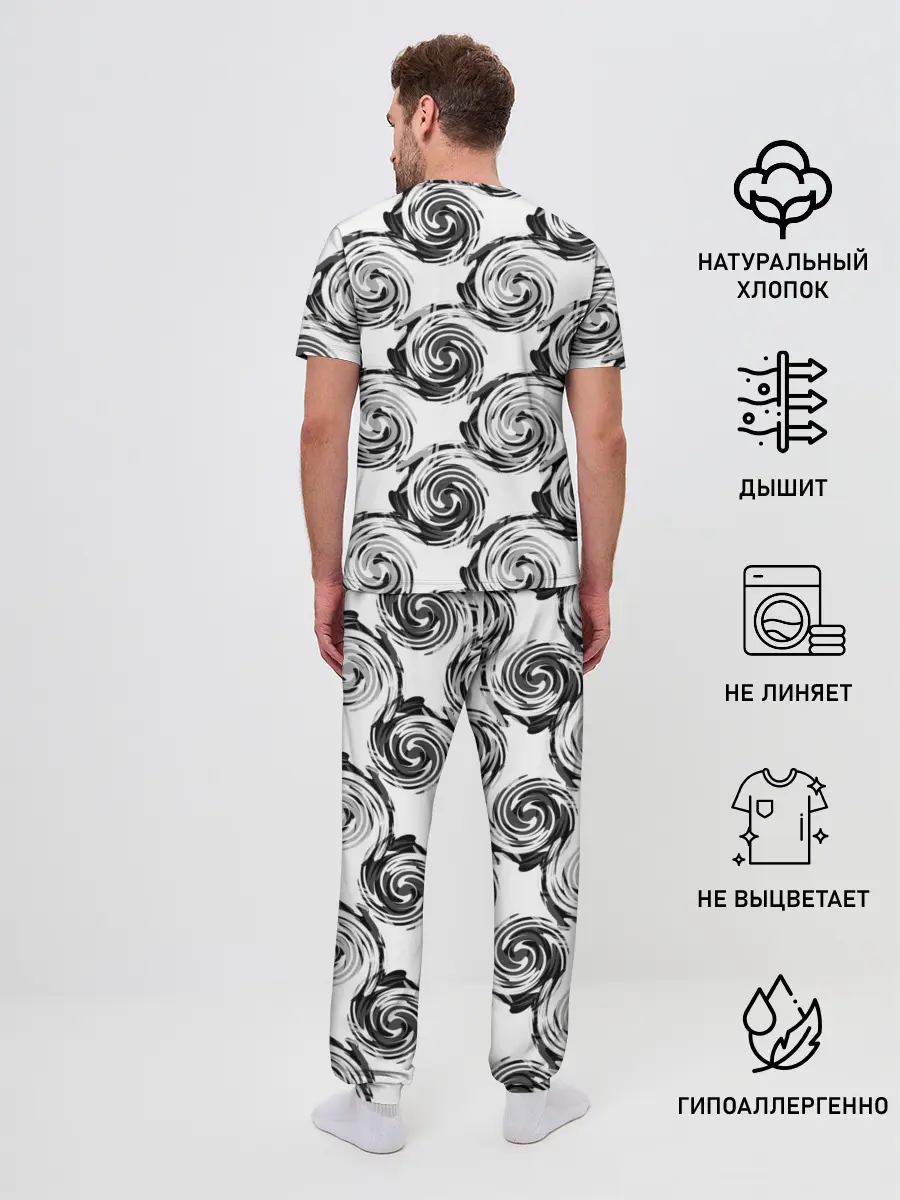Мужская пижама с брюками / Черно-белый абстрактный узор