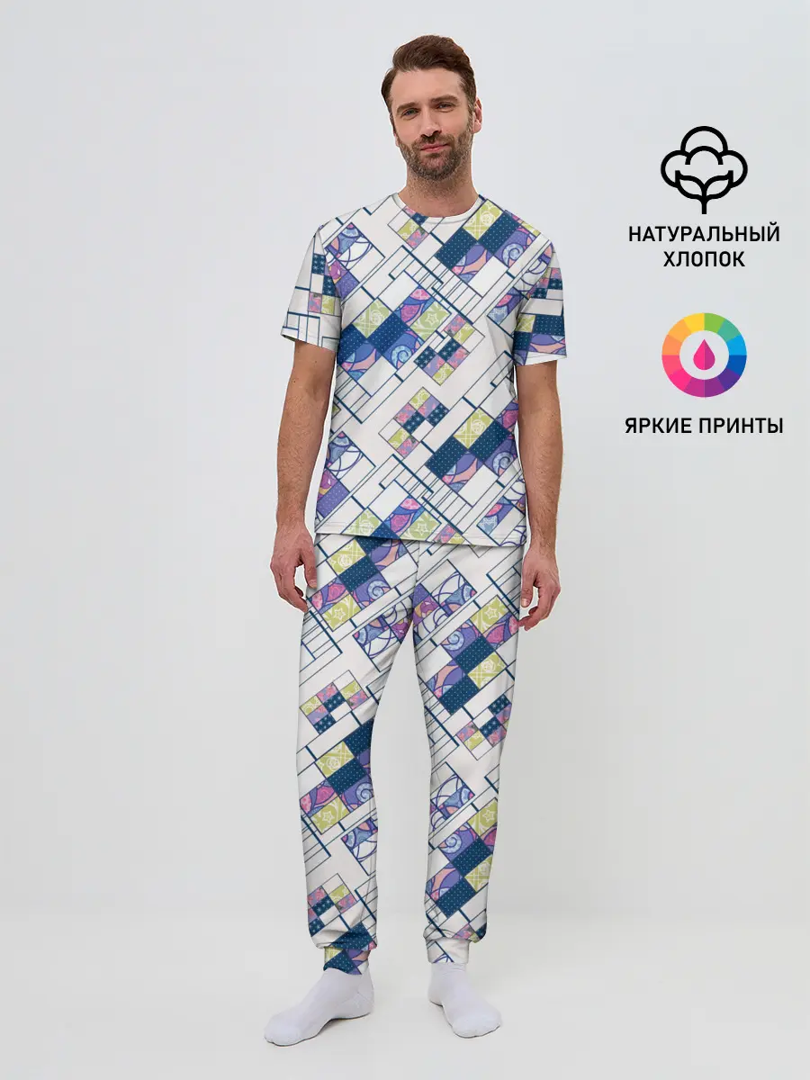 Мужская пижама с брюками / Этнический узор пэчворк