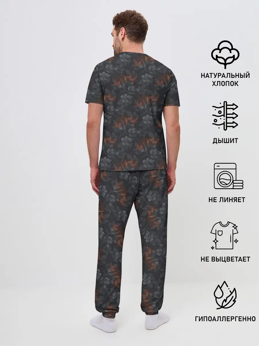 Мужская пижама с брюками / Серо-коричневый цветочный узор
