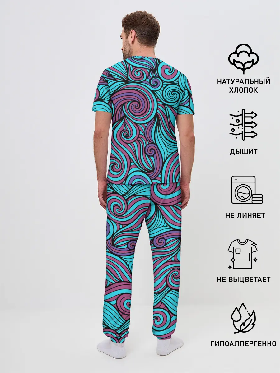 Мужская пижама с брюками / Синие листья