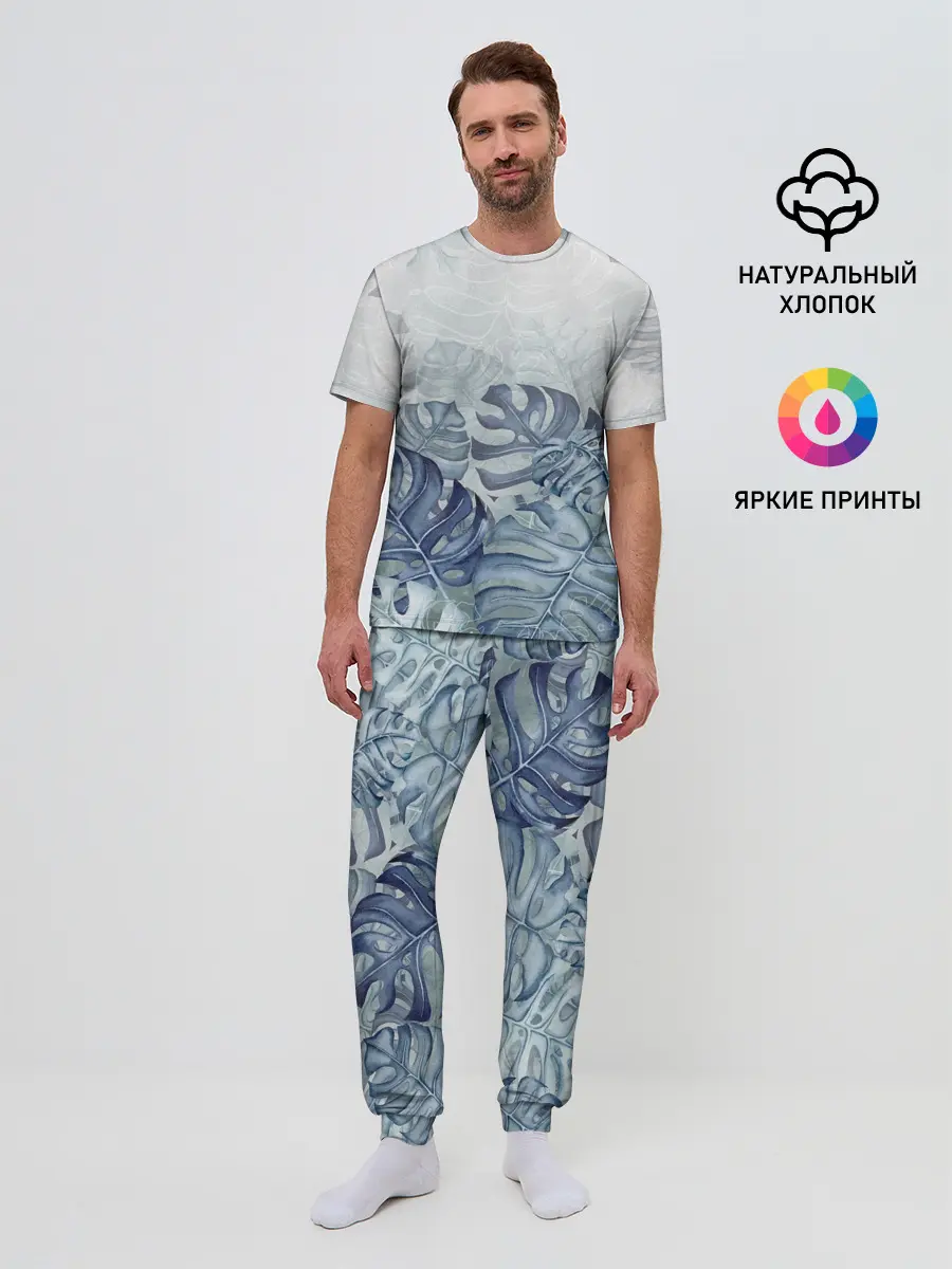 Мужская пижама с брюками / Синие листья