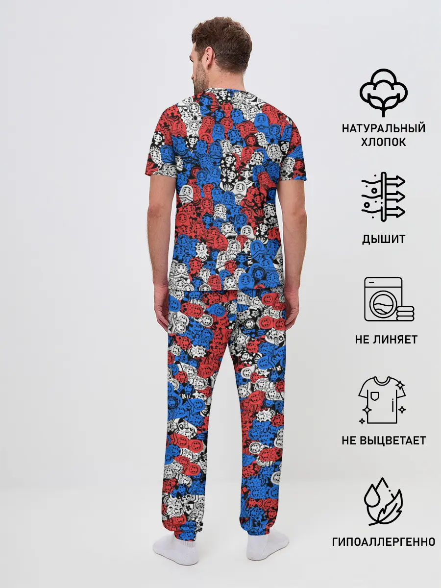 Мужская пижама с брюками / Бело-сине-красные матрёшки
