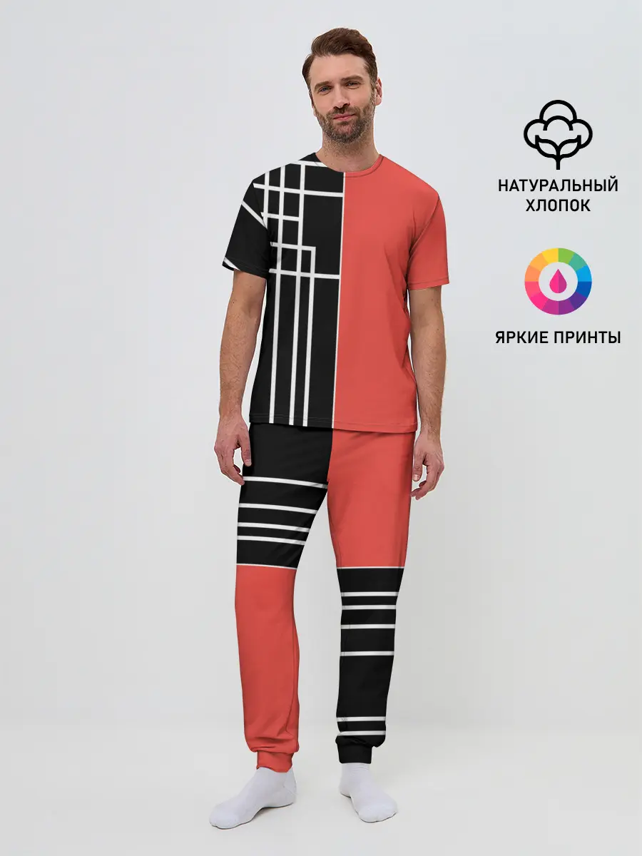 Мужская пижама с брюками / Черный и коралловый арт деко