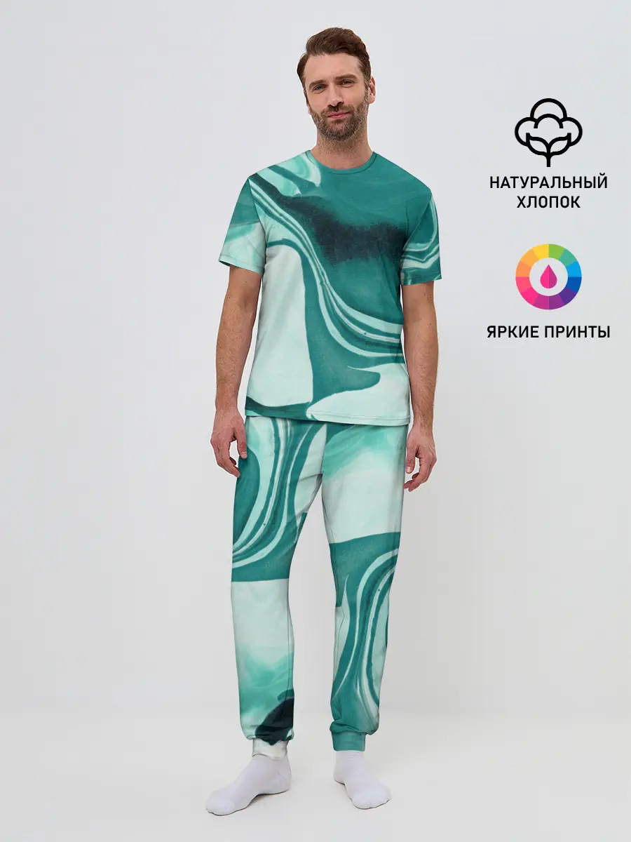 Мужская пижама с брюками / красочный зелёный развод