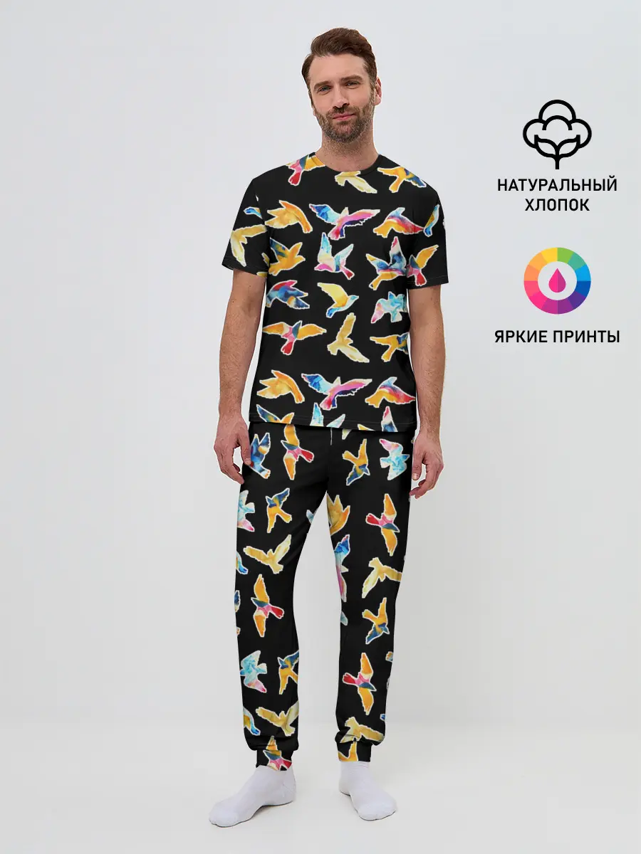 Мужская пижама с брюками / акварельные птицы