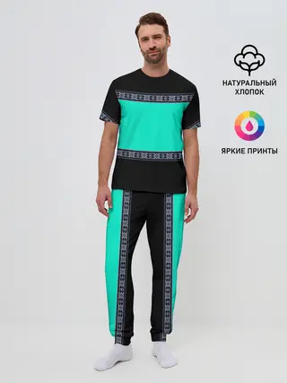 Мужская пижама с брюками / Черно-бирюзовый узор