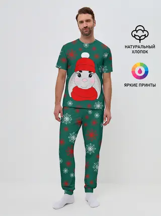 Мужская пижама с брюками / зимний кролик и снежинки