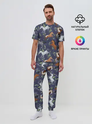 Мужская пижама с брюками / Лошадки узор