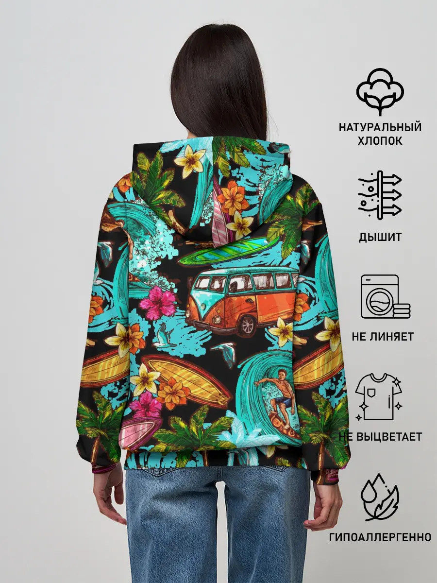 Женское худи / Пальмы, волны, серфинг