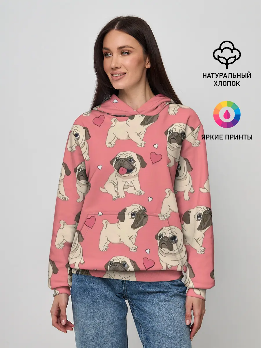 Женское худи / Мопсики и Сердечки