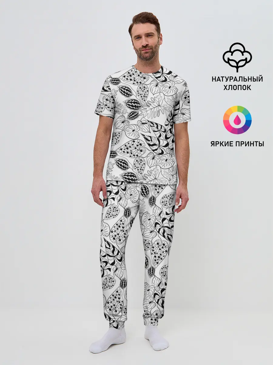 Мужская пижама с брюками / Черно-белый узор Тропики