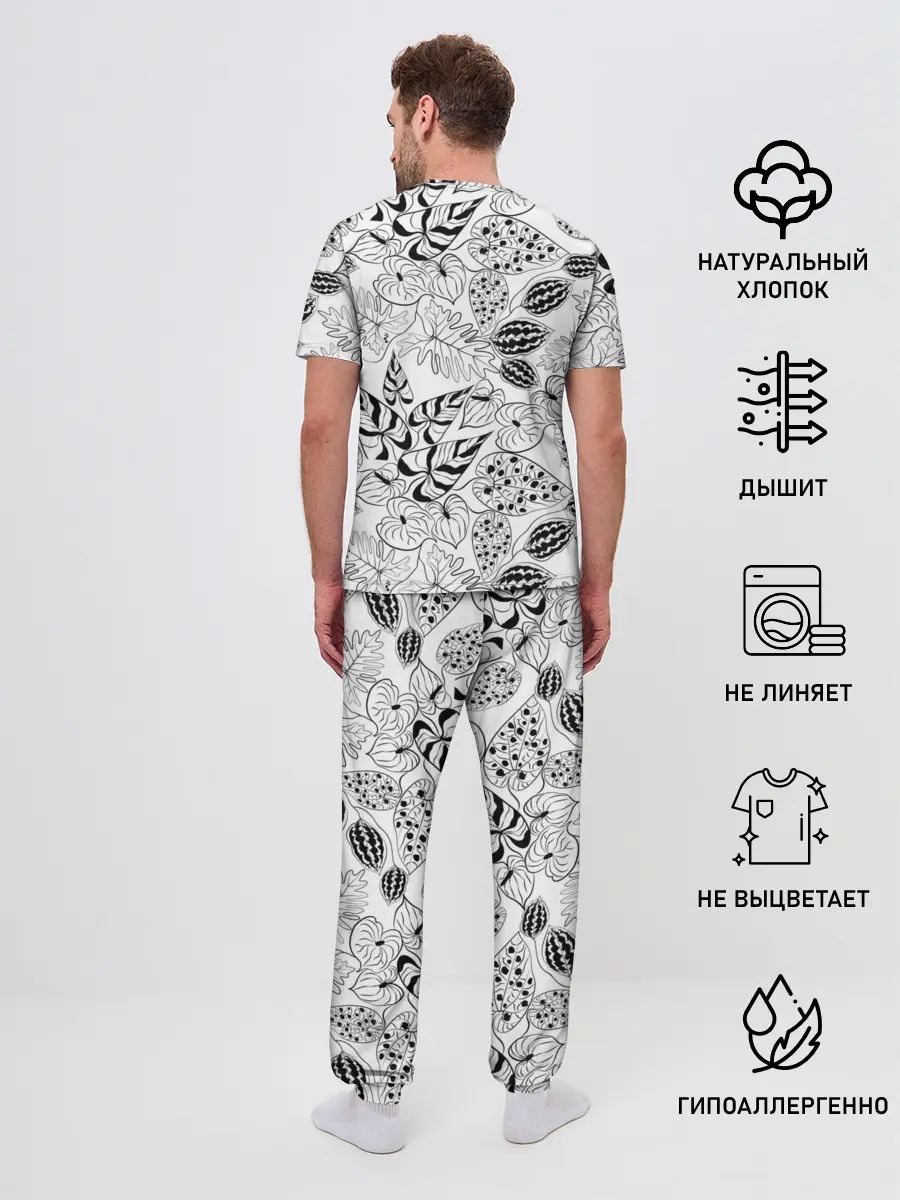 Мужская пижама с брюками / Черно-белый узор Тропики