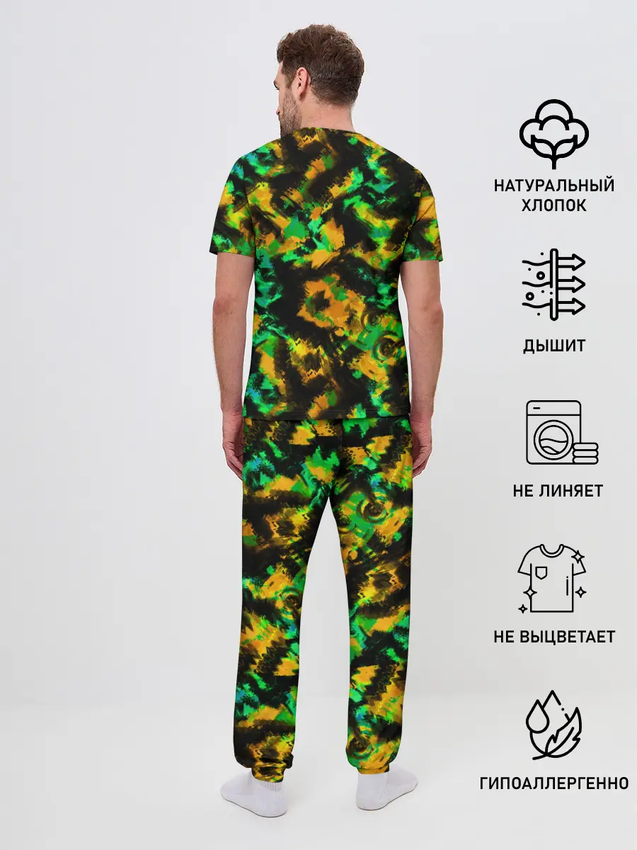Мужская пижама с брюками / Абстрактный желто-зеленый узор