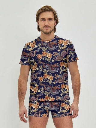 Мужские трусы с футболкой / Драконы и цветы