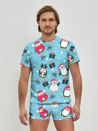 Мужские трусы с футболкой / Новогодние Пингвины