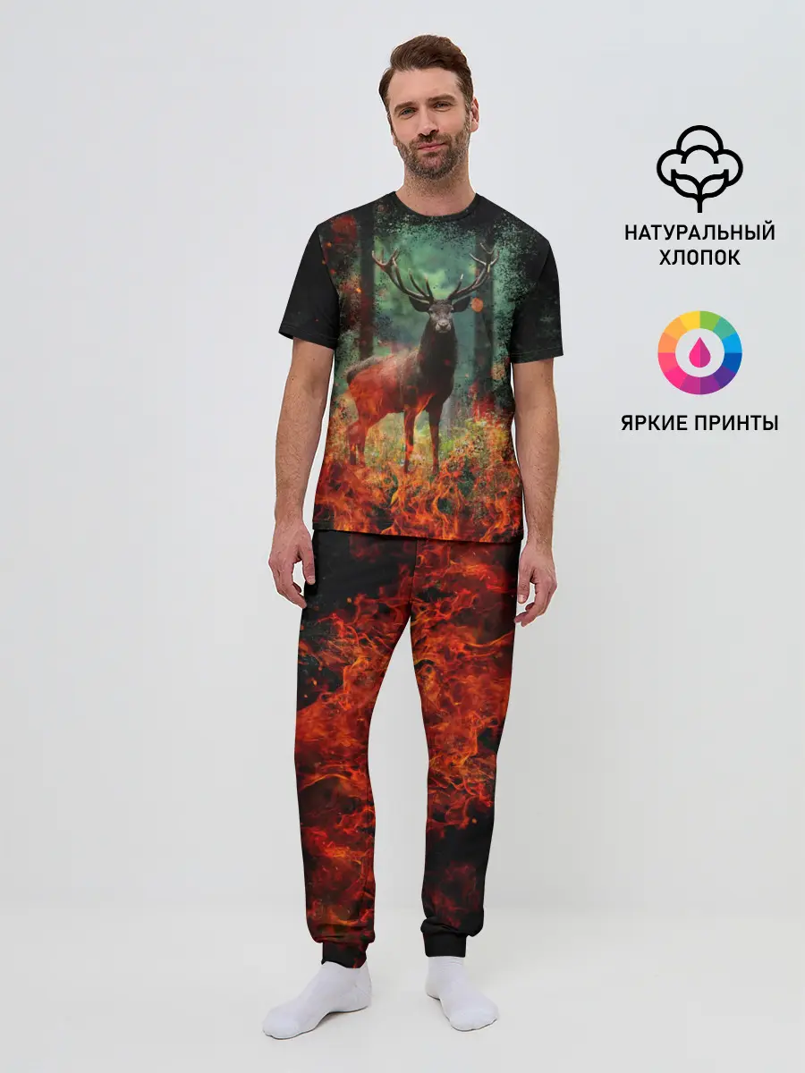 Мужская пижама с брюками / Олень в горящем лесу Сибири