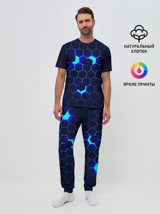 Мужская пижама с брюками / СИНИЕ СОТЫ В НЕОНЕ