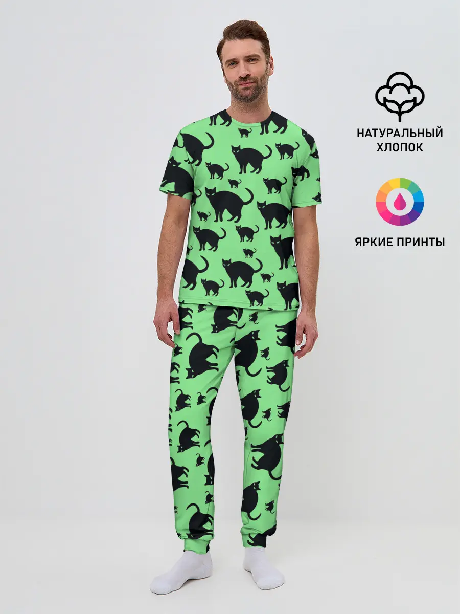 Мужская пижама с брюками / Кошки черные