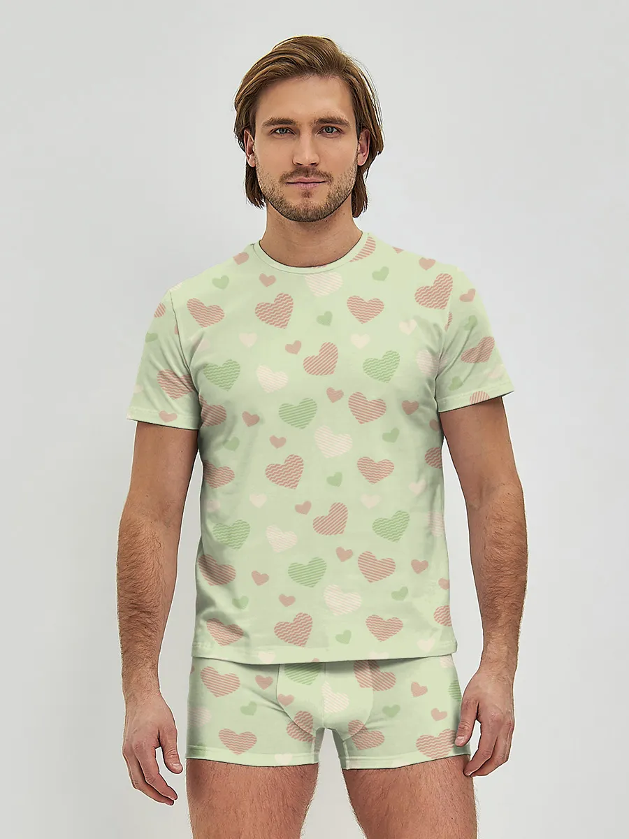 Мужские трусы с футболкой / Сердечки на светло зеленом фоне