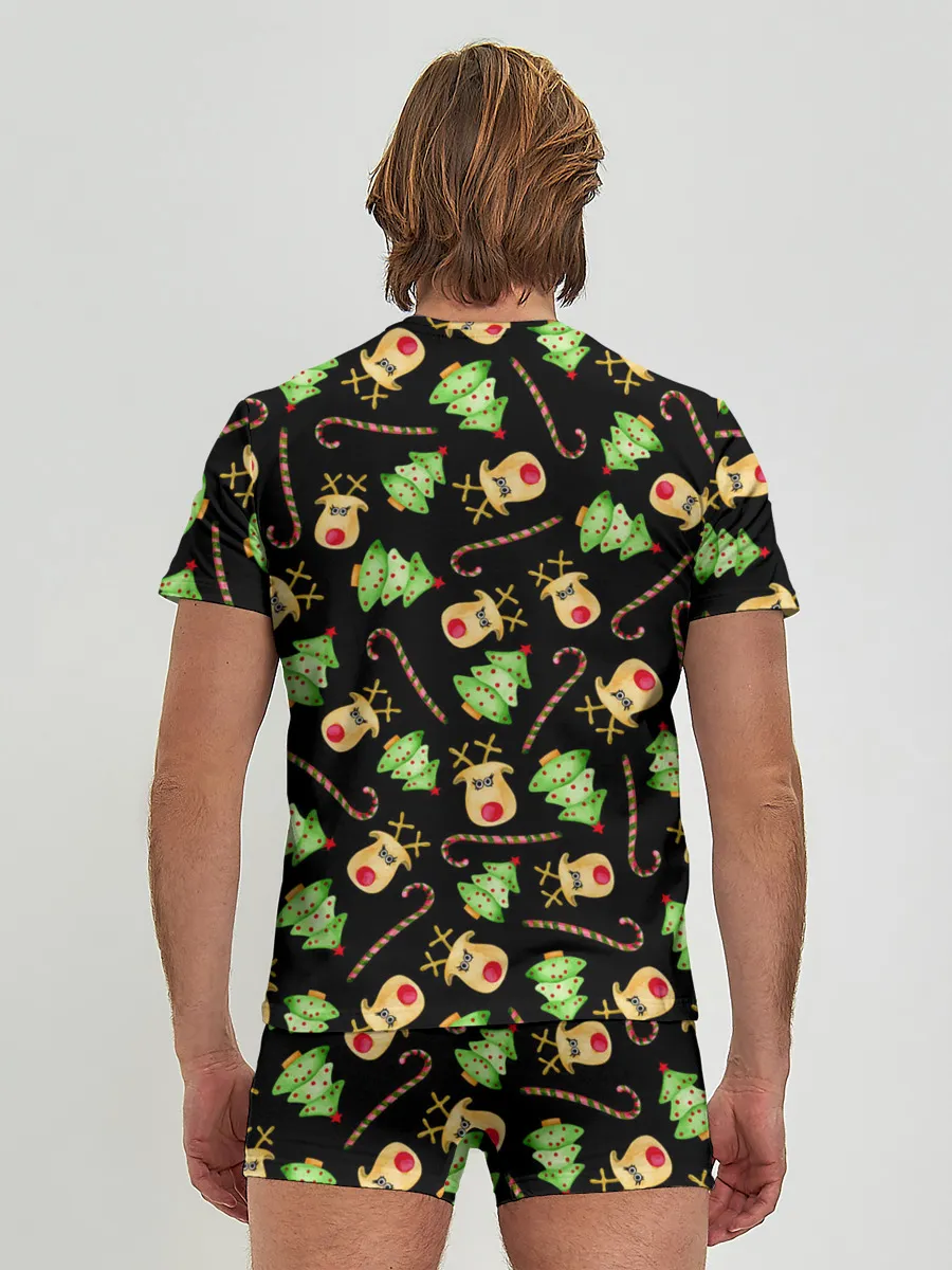 Мужские трусы с футболкой / Олени, елки и карамель