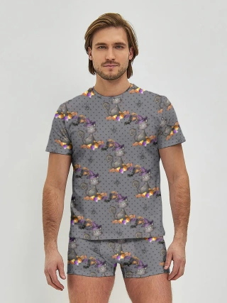 Мужские трусы с футболкой / Кот с тыквой хэллоуин