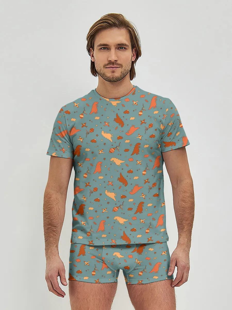 Мужские трусы с футболкой / детский принт с динозаврами и звездами