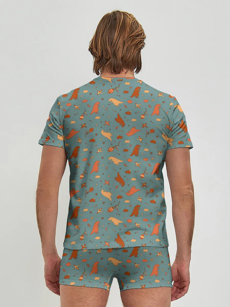 Мужские трусы с футболкой / детский принт с динозаврами и звездами