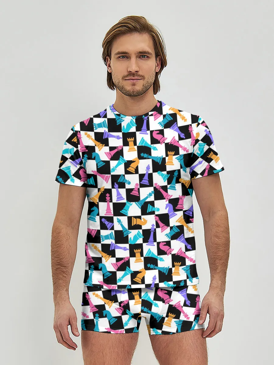 Мужские трусы с футболкой / Разноцветные Шахматные Фигуры