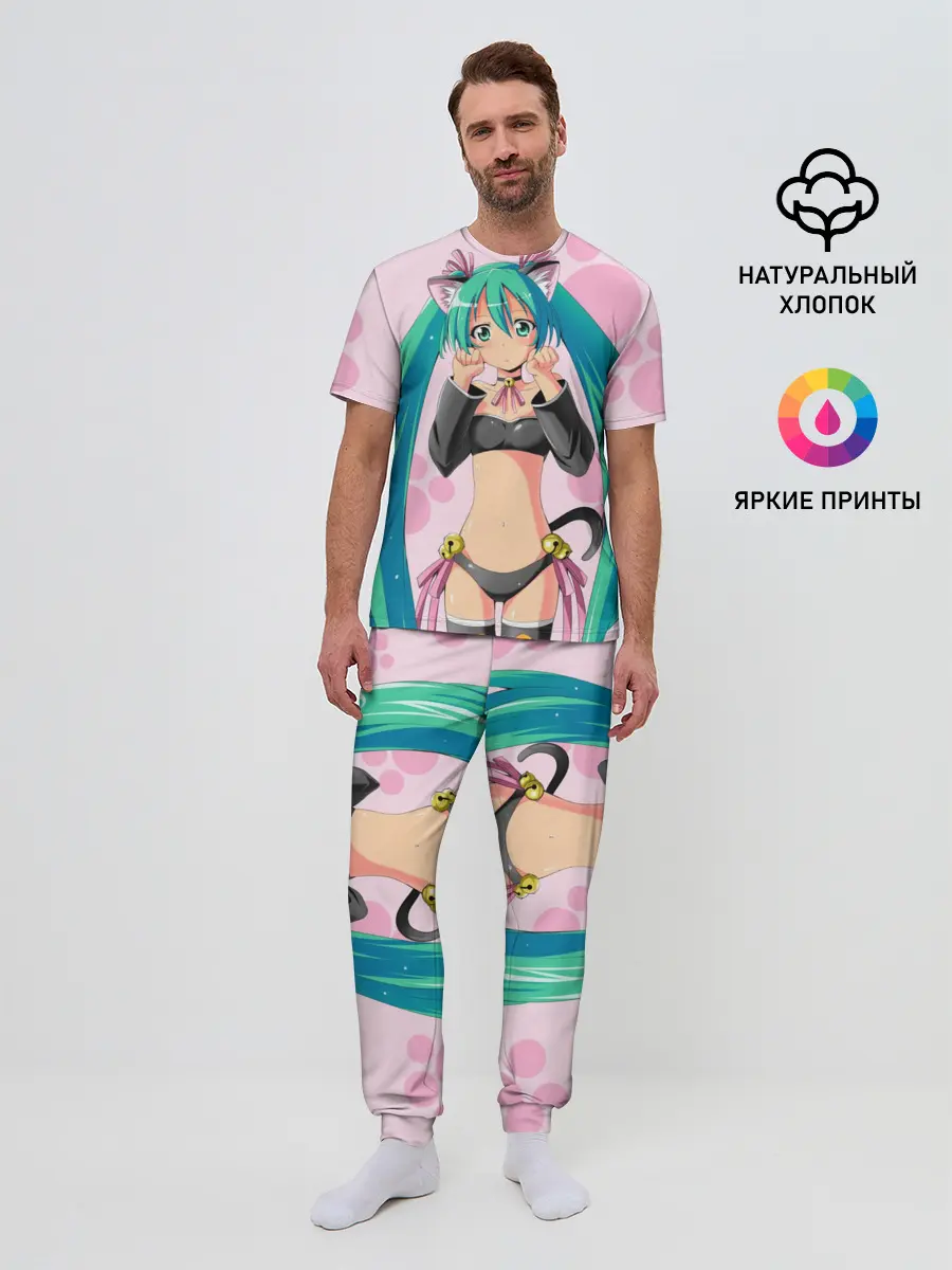 Мужская пижама с брюками / Хатсуне Мику на розовом фоне